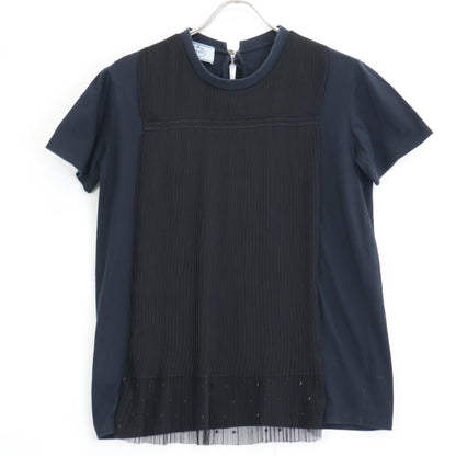 PRADA 35847R S161 Navy x Black Sheer Pleated Short Sleeve Cut and Sew Top