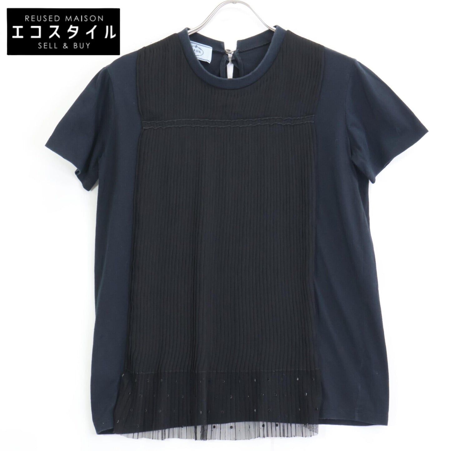 PRADA 35847R S161 Navy x Black Sheer Pleated Short Sleeve Cut and Sew Top