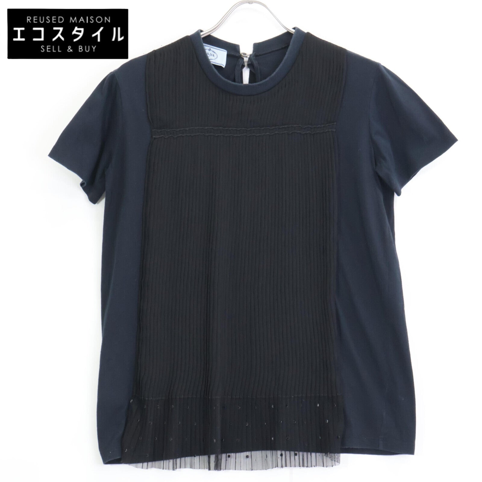 PRADA 35847R S161 Navy x Black Sheer Pleated Short Sleeve Cut and Sew Top