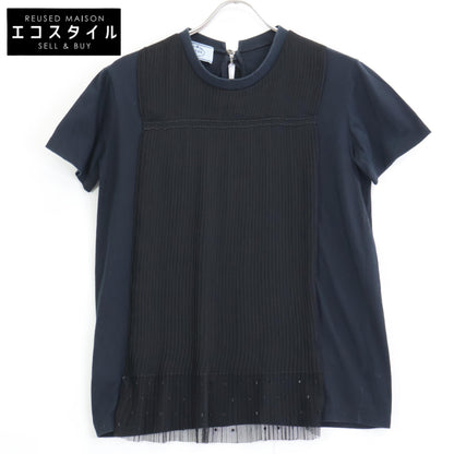 PRADA 35847R S161 Navy x Black Sheer Pleated Short Sleeve Cut and Sew Top