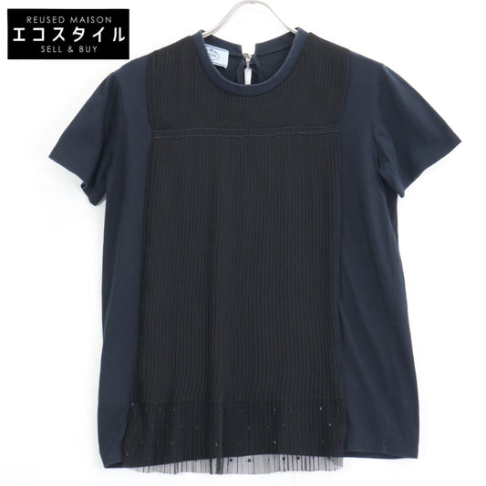 PRADA 35847R S161 Navy x Black Sheer Pleated Short Sleeve Cut and Sew Top