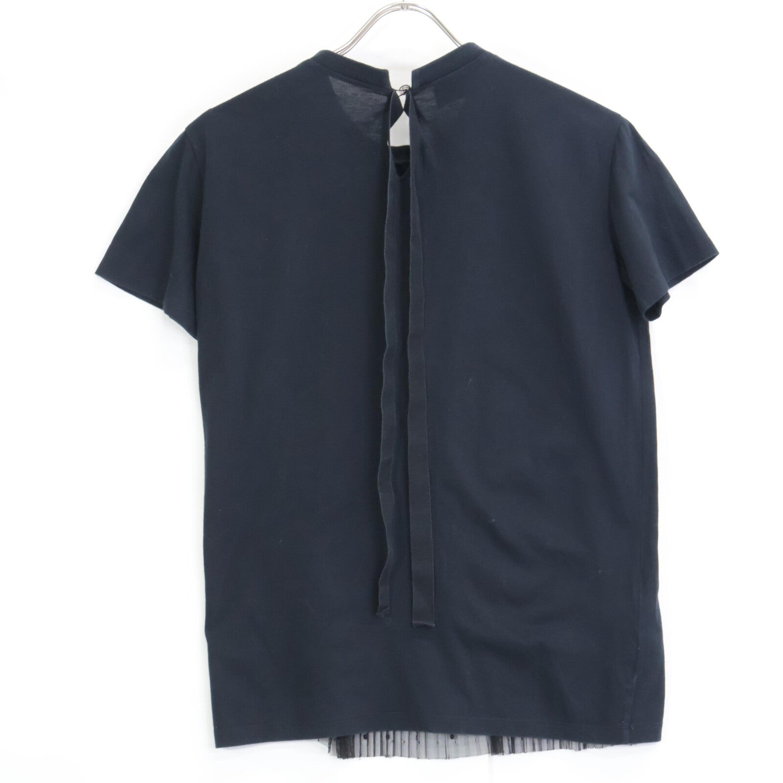 PRADA 35847R S161 Navy x Black Sheer Pleated Short Sleeve Cut and Sew Top
