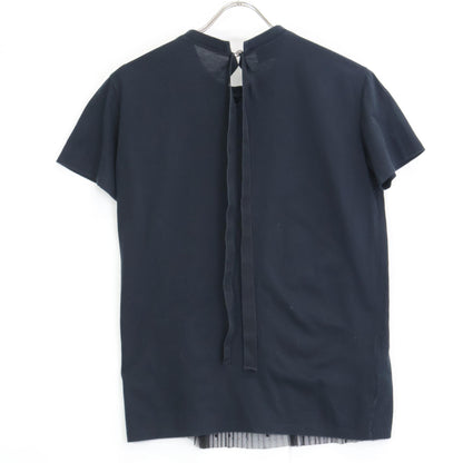 PRADA 35847R S161 Navy x Black Sheer Pleated Short Sleeve Cut and Sew Top