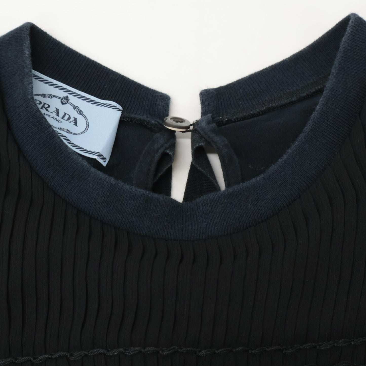 PRADA 35847R S161 Navy x Black Sheer Pleated Short Sleeve Cut and Sew Top