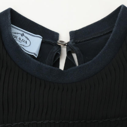 PRADA 35847R S161 Navy x Black Sheer Pleated Short Sleeve Cut and Sew Top