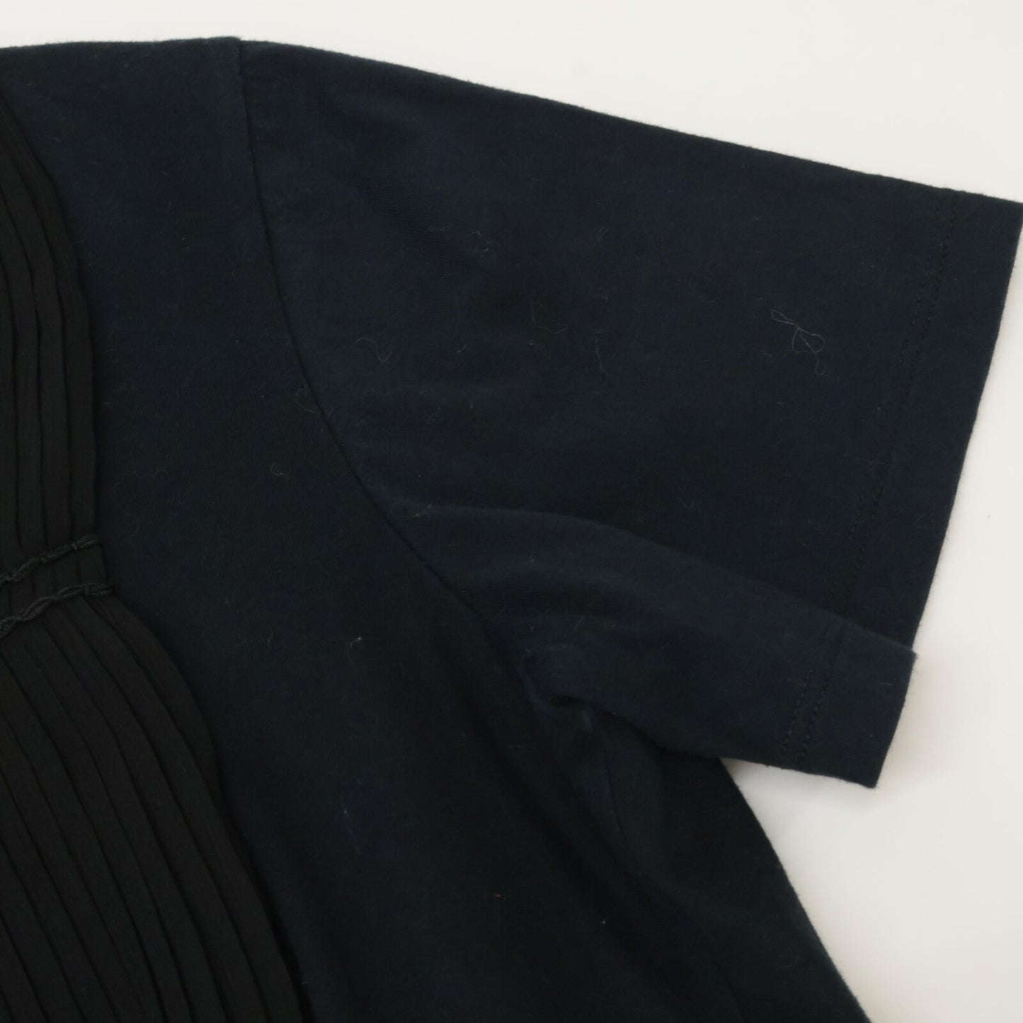 PRADA 35847R S161 Navy x Black Sheer Pleated Short Sleeve Cut and Sew Top
