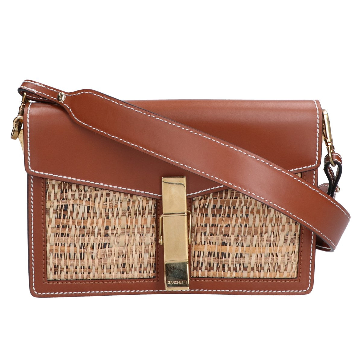 ZANCHETTI [Excellent Condition] Raffia x Leather Clip Shoulder Bag