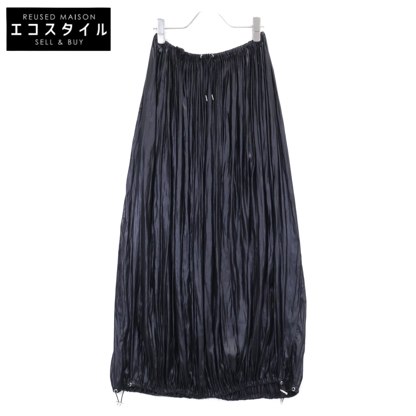 louren Lauren Black Gathered Hem Satin Pleated Long Skirt S