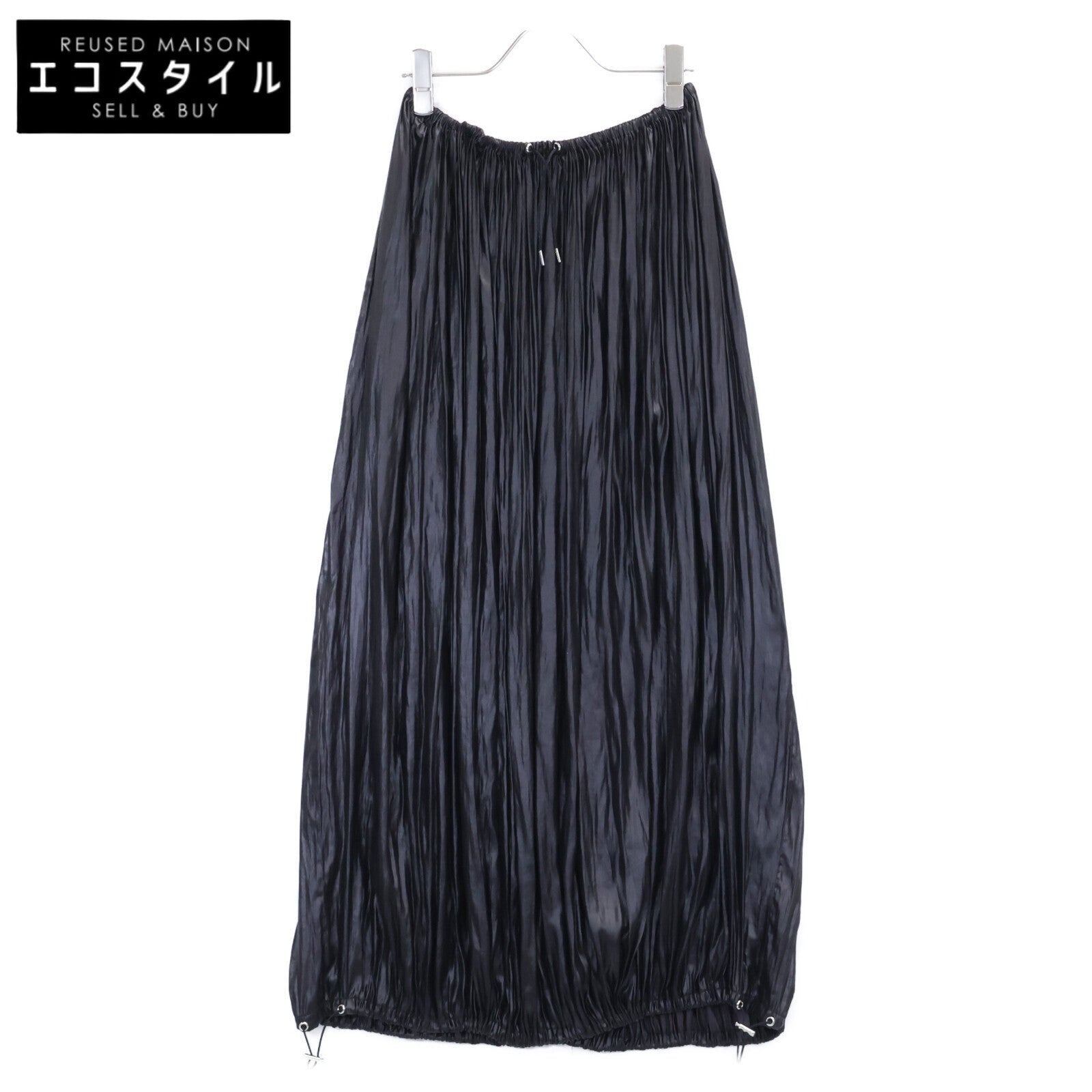 louren Lauren Black Gathered Hem Satin Pleated Long Skirt S