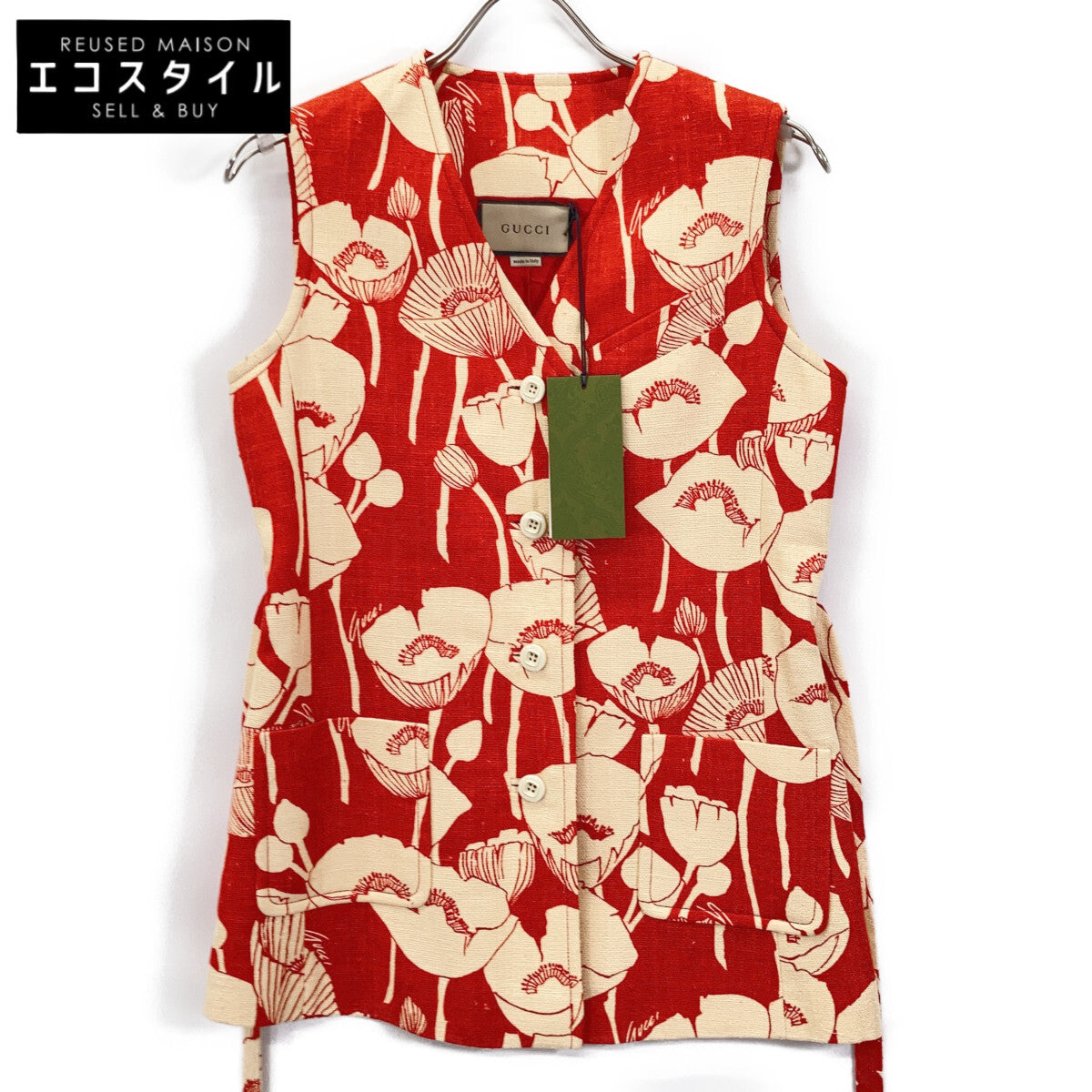 GUCCI 652265 21 Red 100% Silk Poppy Flower Jacquard Gilet Vest