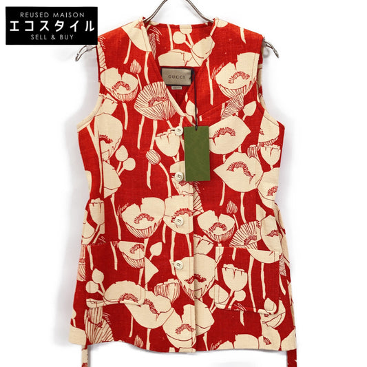 GUCCI 652265 21 Red 100% Silk Poppy Flower Jacquard Gilet Vest