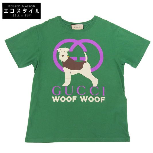 GUCCI WOOF WOOF Dog Print Cotton T-shirt Women's Green S Top