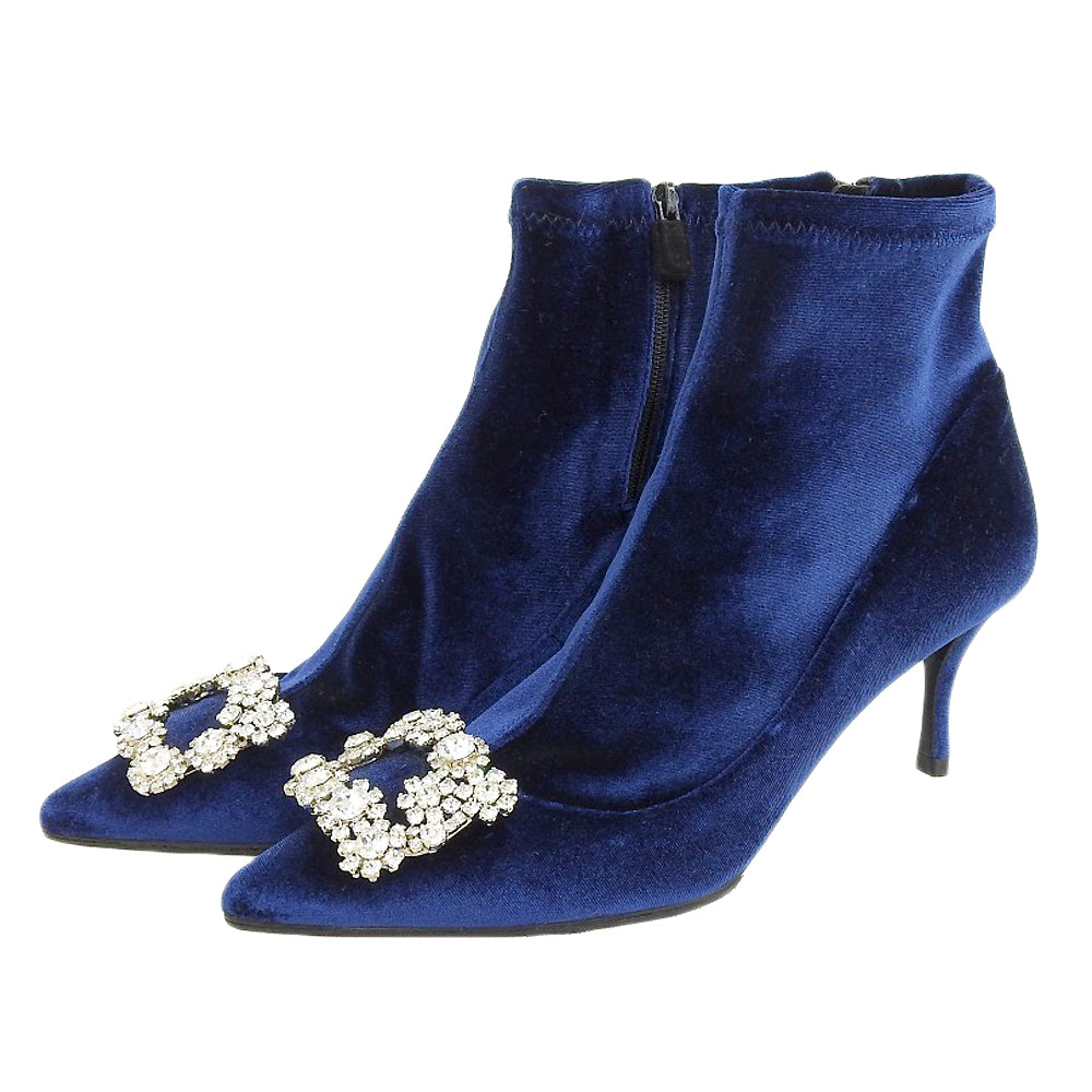Roger Vivier ロジェヴィヴィエ 新品同様 ビジュークリスタル フラワーストラスバックル ベルベット サイドジップ ヒールブーツ 36 1/2 シューズ