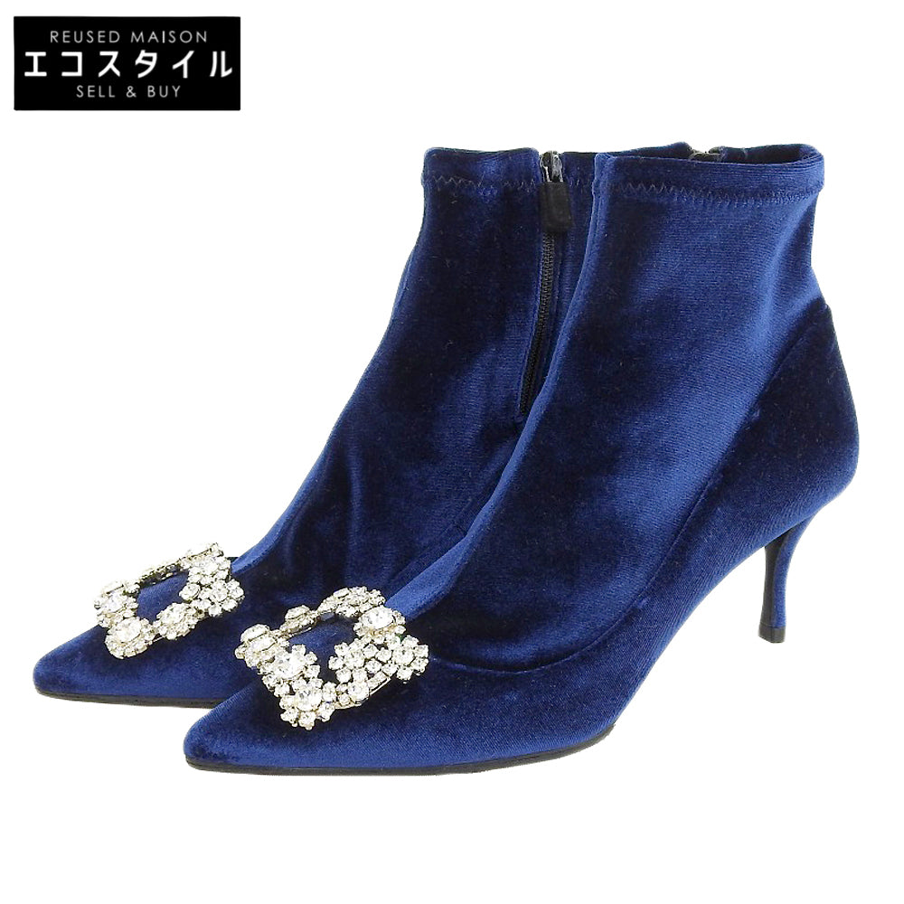 Roger Vivier ロジェヴィヴィエ 新品同様 ビジュークリスタル フラワーストラスバックル ベルベット サイドジップ ヒールブーツ 36 1/2 シューズ