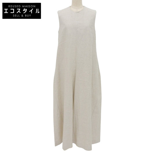 Excellent condition V-neck slit linen one-piece dress for women, light beige, size 38, manufactured in 2023. Dress, size 38, for women.