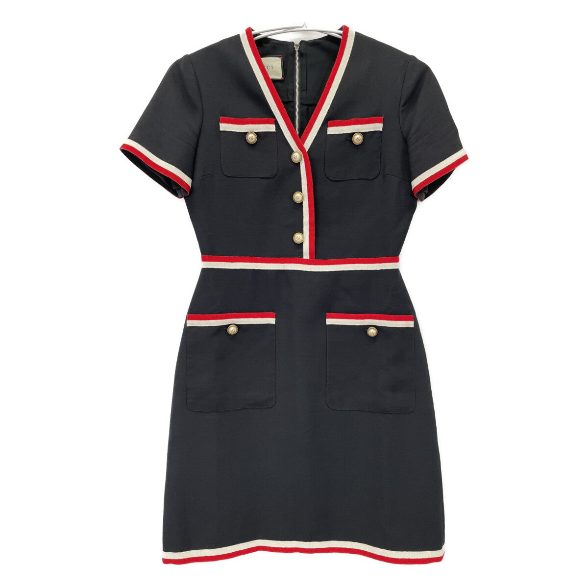 GUCCI 572304 Navy Black Interlocking G Pearl Button Short Sleeve Dress