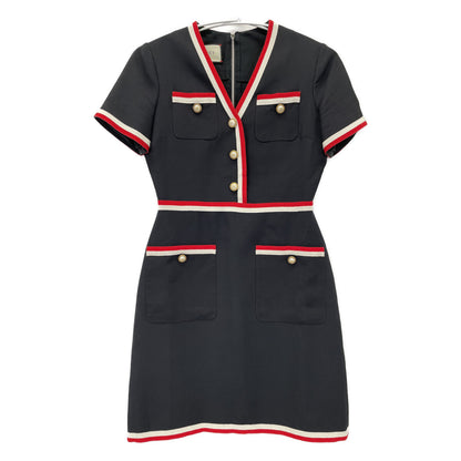 GUCCI 572304 Navy Black Interlocking G Pearl Button Short Sleeve Dress