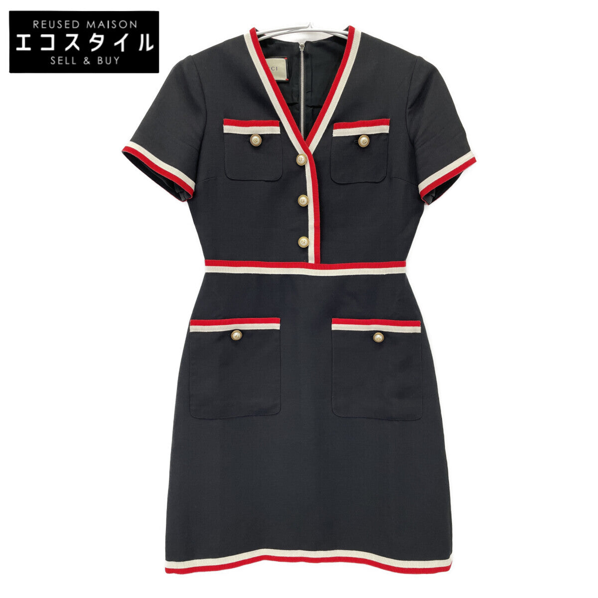 GUCCI 572304 Navy Black Interlocking G Pearl Button Short Sleeve Dress