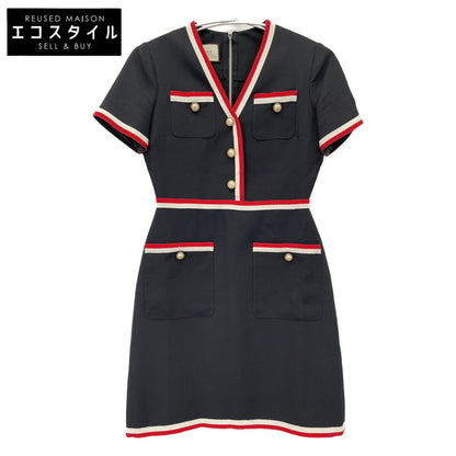 GUCCI 572304 Navy Black Interlocking G Pearl Button Short Sleeve Dress