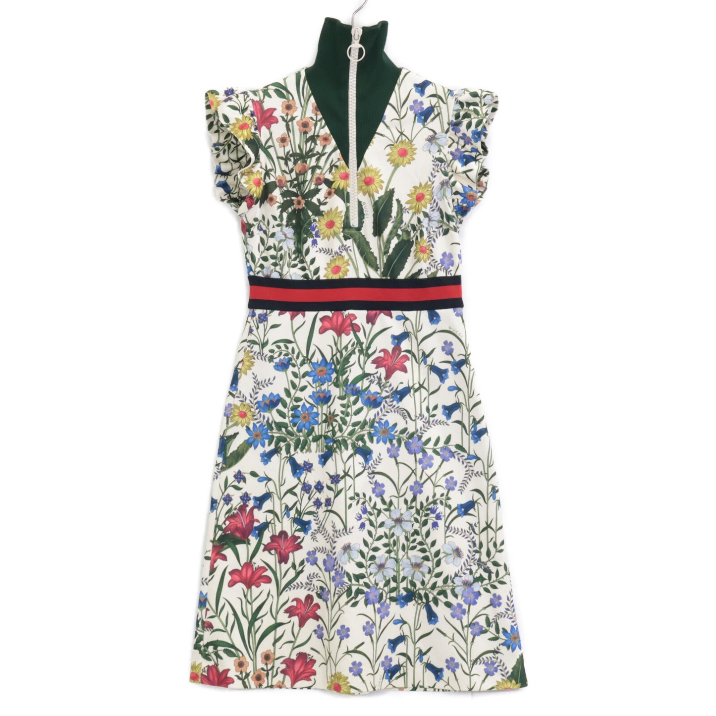 GUCCI 479538 17AW White Floral Print Frill Sleeve Jersey Dress