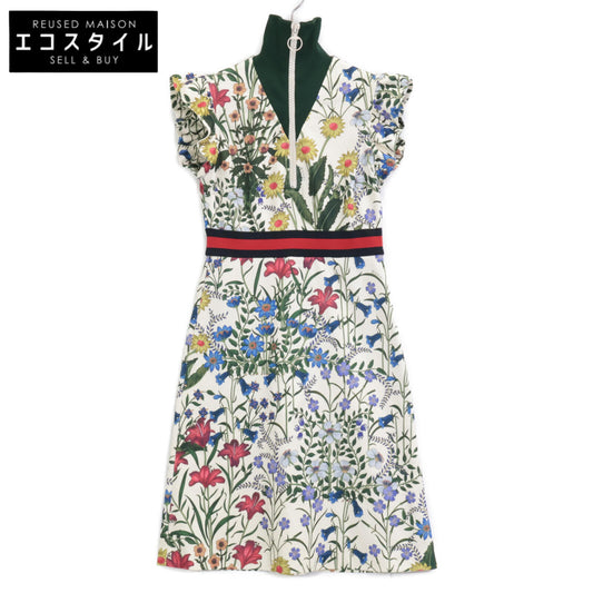 GUCCI 古驰 479538 17AW 白色花卉印花荷叶边袖针织连衣裙 连衣裙