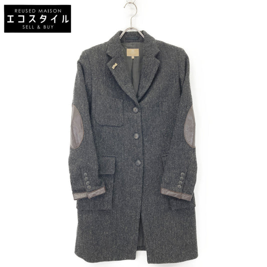 NIGEL CABOURN 奈杰尔卡伯恩 黑色 人字纹羊毛 皮革肘部补丁大衣 大衣 6 女士