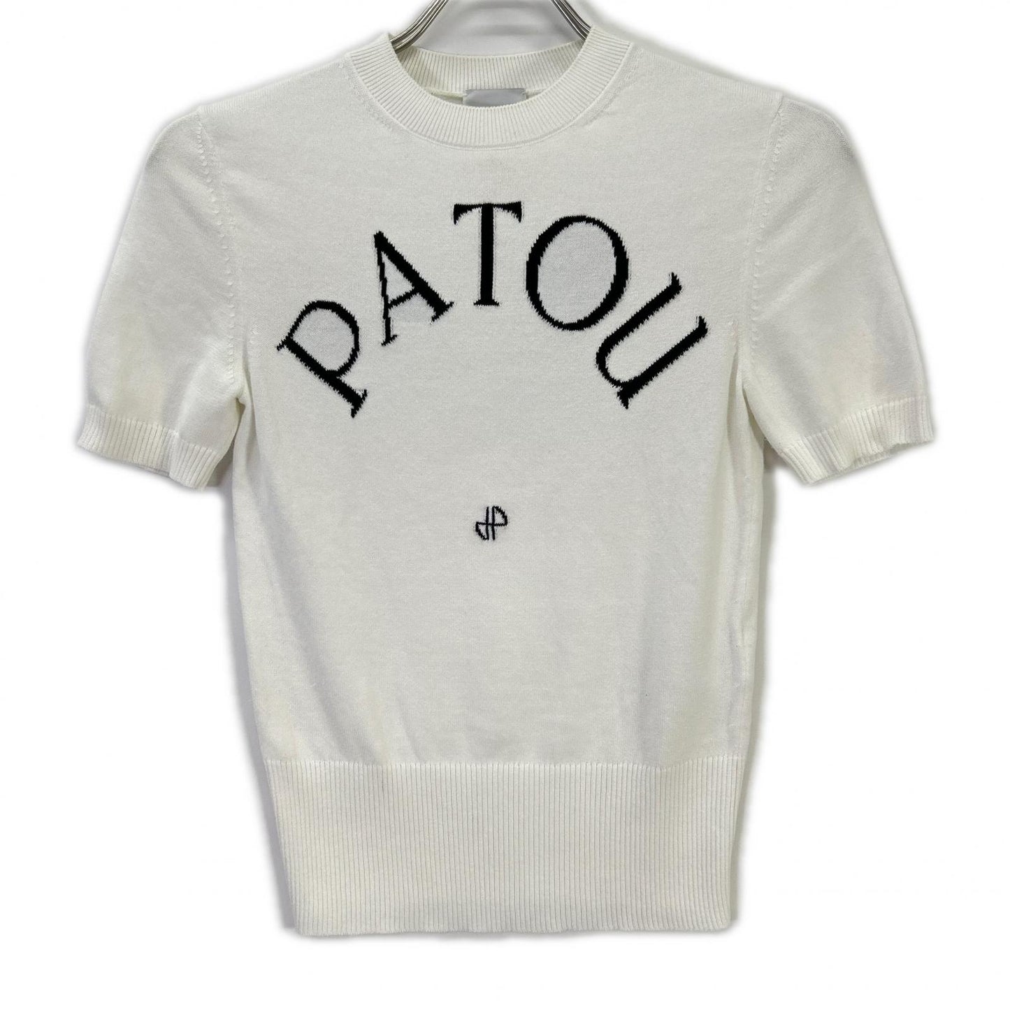 PATOU パトゥ 22SA2-KN068-45 ホワイト コットン×ポリエステル ロゴデザイン ショートスリーブニット トップス