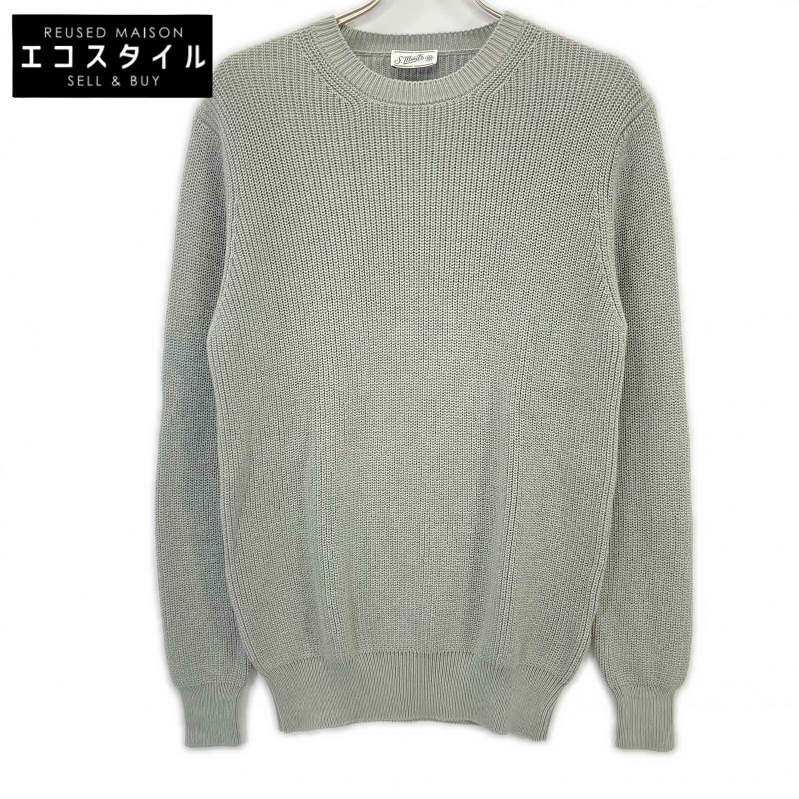 Grey Cotton Crew Neck Long Sleeve Ribbed Knit Pullover Top Men's