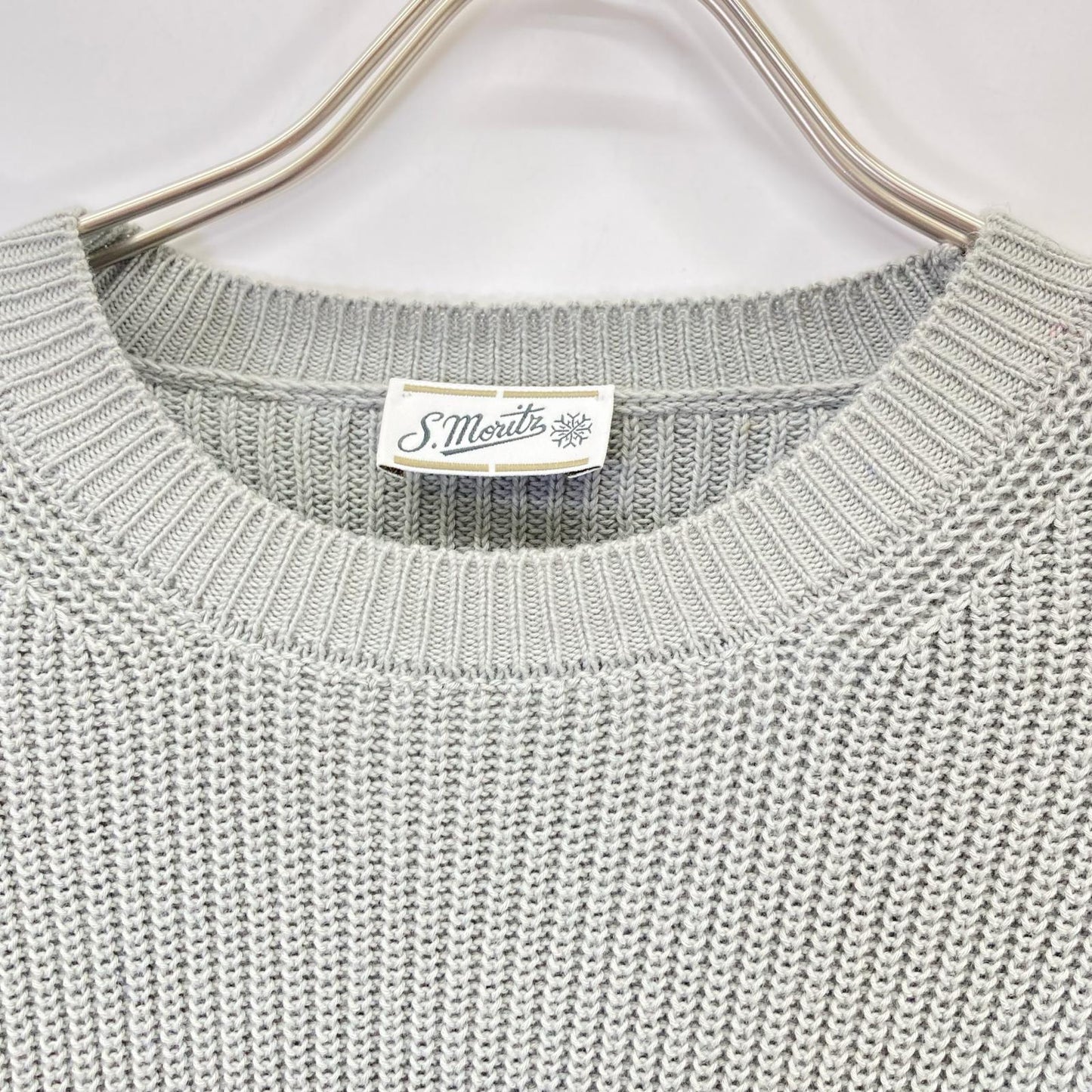 Grey Cotton Crew Neck Long Sleeve Ribbed Knit Pullover Top Men's
