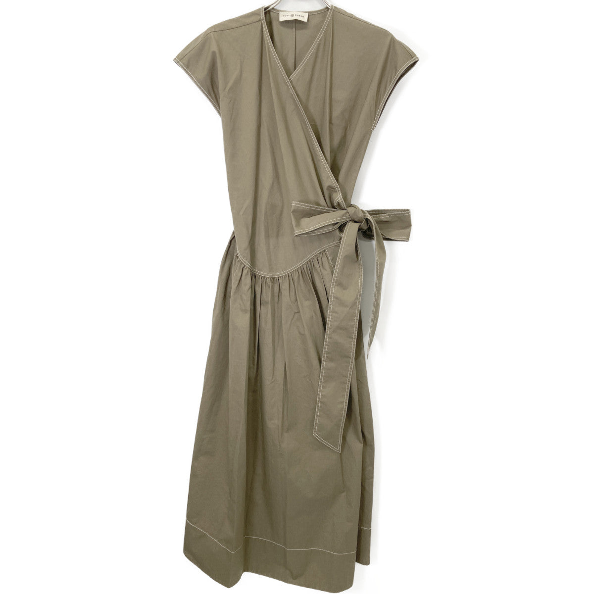 Tory Burch Khaki Sleeveless Belted Wrap Gathered Dress