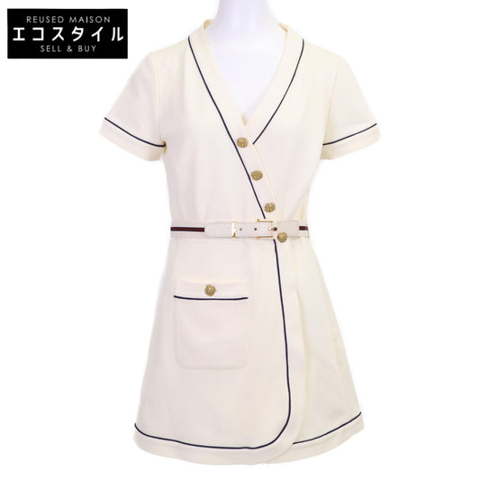 GUCCI 653408/670292 White Blue Trim Jersey Dress Gold Button Wrap Dress