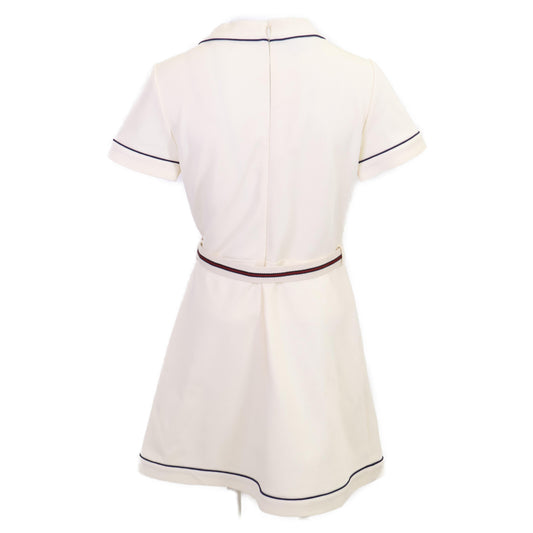GUCCI 653408/670292 White Blue Trim Jersey Dress Gold Button Wrap Dress