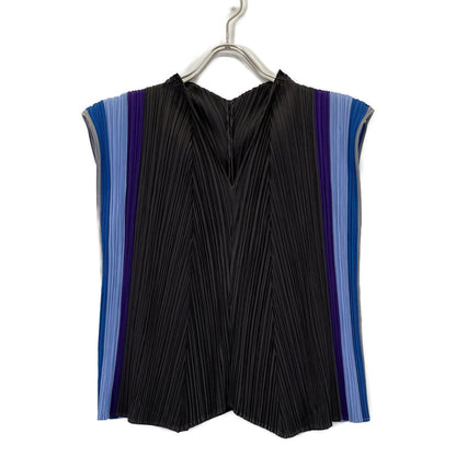 PLEATS PLEASE PP23-JJ681 Dark Brown x Blue x Purple V-Neck Sleeveless Pleated Top