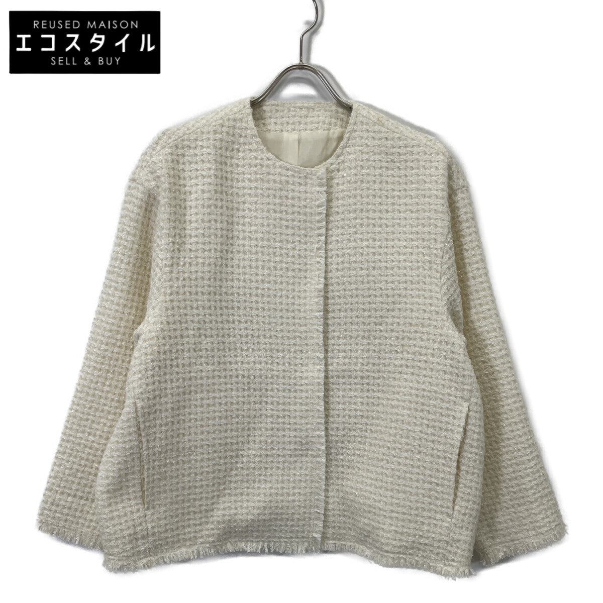 SHIN-019 Ivory Wool Blend Lame No-Collar Padded Jacket Jacket No Tag Ladies