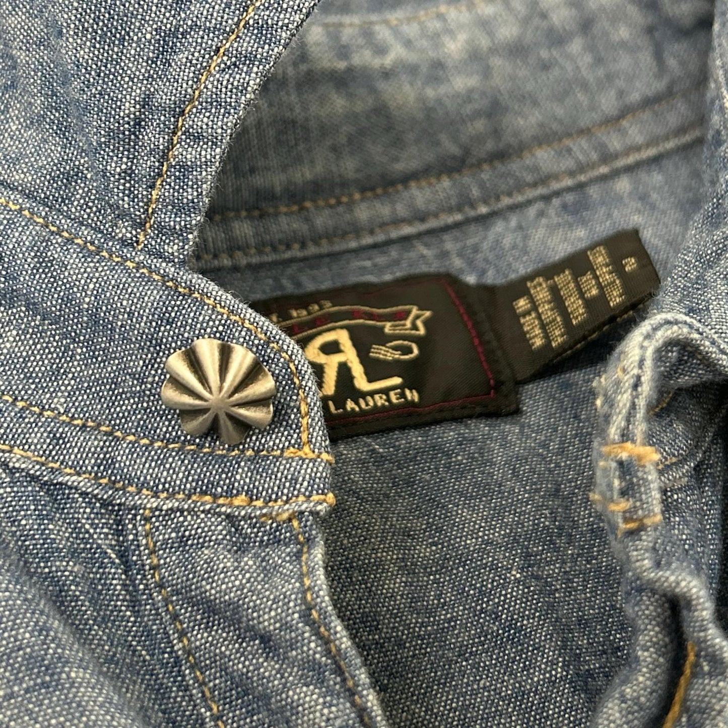 RRL ダブルアールエル ブルー コットン 刺繍デザイン ロングスリーブスナップボタンシャツ トップス