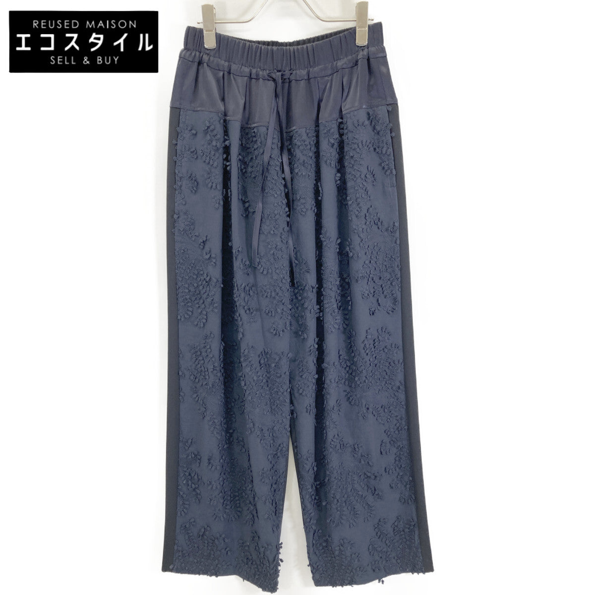 251004 Navy Floral Design Lace Tuck Gathered Pants Bottoms 2 Ladies