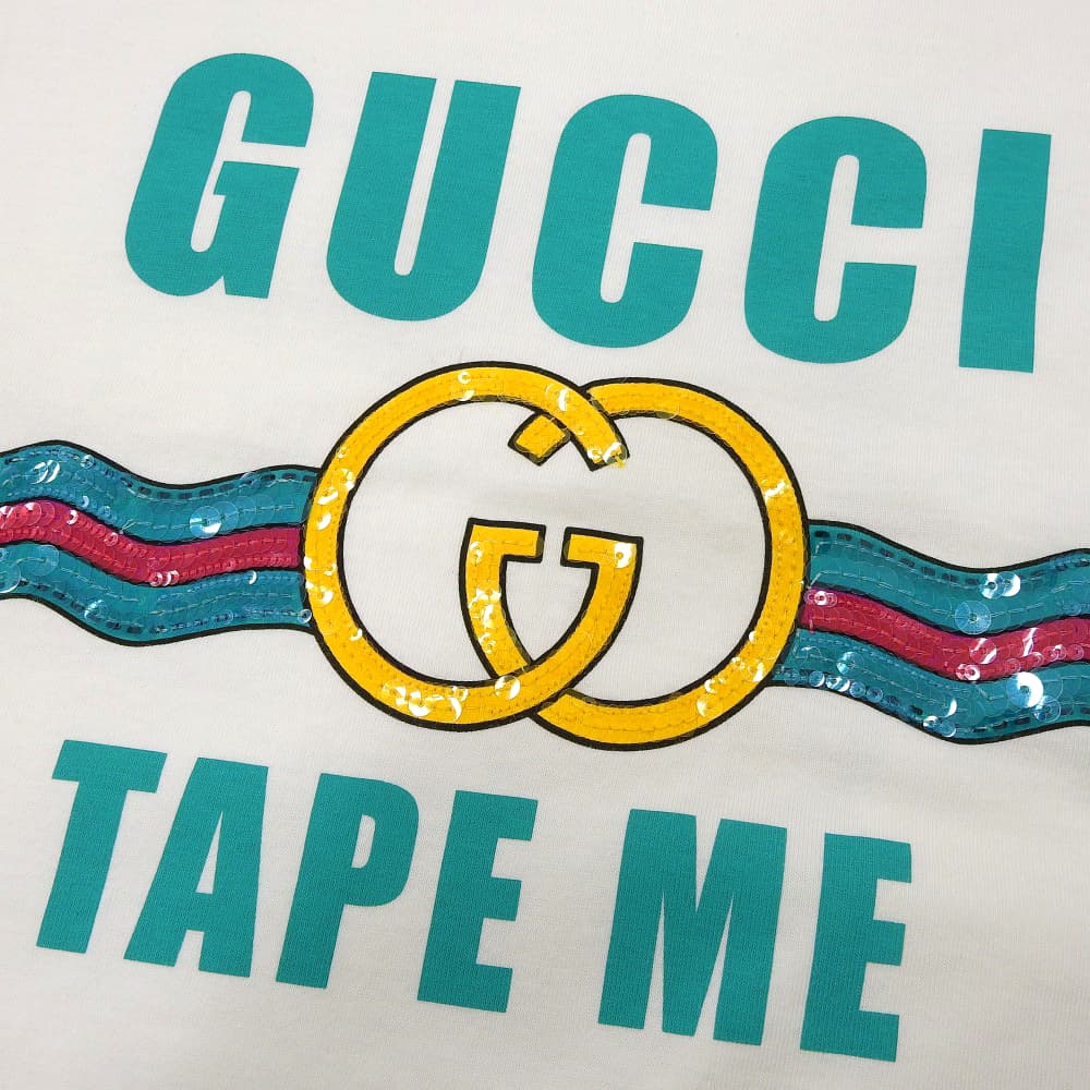 GUCCI Cotton TAPE ME Sequin-Embellished Front Logo Short-Sleeve T-Shirt Top Men's White S 717422 XJFM6 Top