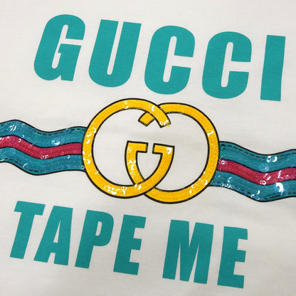 GUCCI Cotton TAPE ME Sequin-Embellished Front Logo Short-Sleeve T-Shirt Top Men's White S 717422 XJFM6 Top