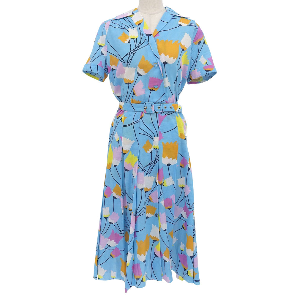GUCCI Cotton Linen Flower Print Short-Sleeved Shirt Dress Women's Light Blue 38 657935 Dress