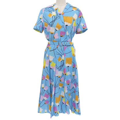GUCCI Cotton Linen Flower Print Short-Sleeved Shirt Dress Women's Light Blue 38 657935 Dress