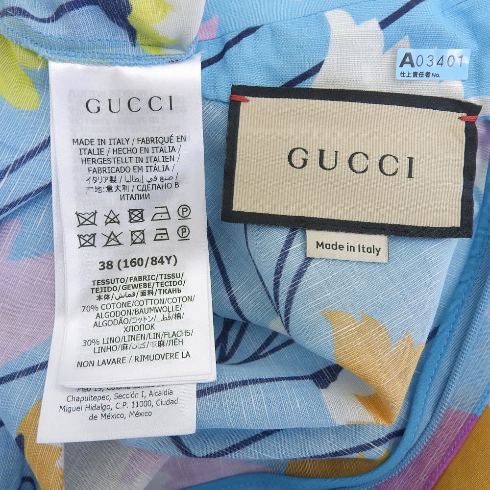 GUCCI Cotton Linen Flower Print Short-Sleeved Shirt Dress Women's Light Blue 38 657935 Dress