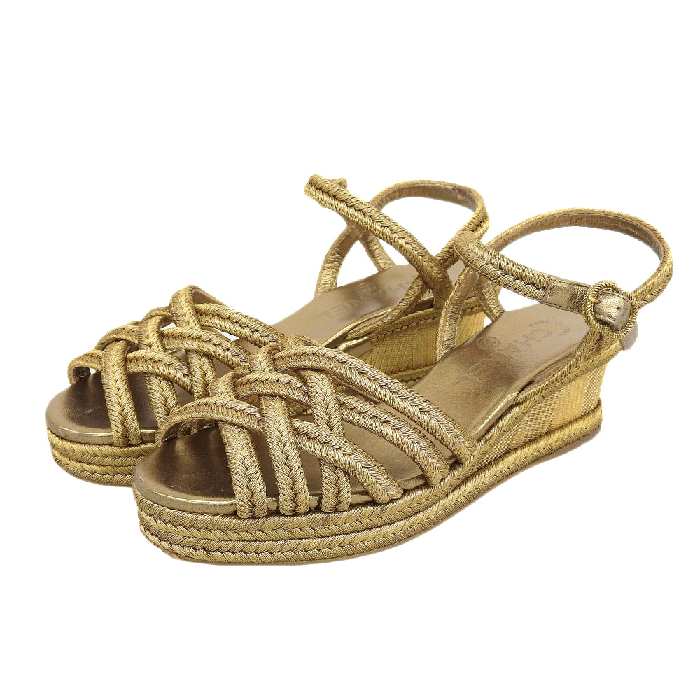 CHANEL Metal CC Logo Woven Wedge Heel Sandals Espadrilles Women's Gold 36C G28947 Shoes