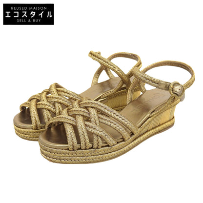 CHANEL Metal CC Logo Woven Wedge Heel Sandals Espadrilles Women's Gold 36C G28947 Shoes