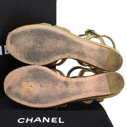 CHANEL Metal CC Logo Woven Wedge Heel Sandals Espadrilles Women's Gold 36C G28947 Shoes