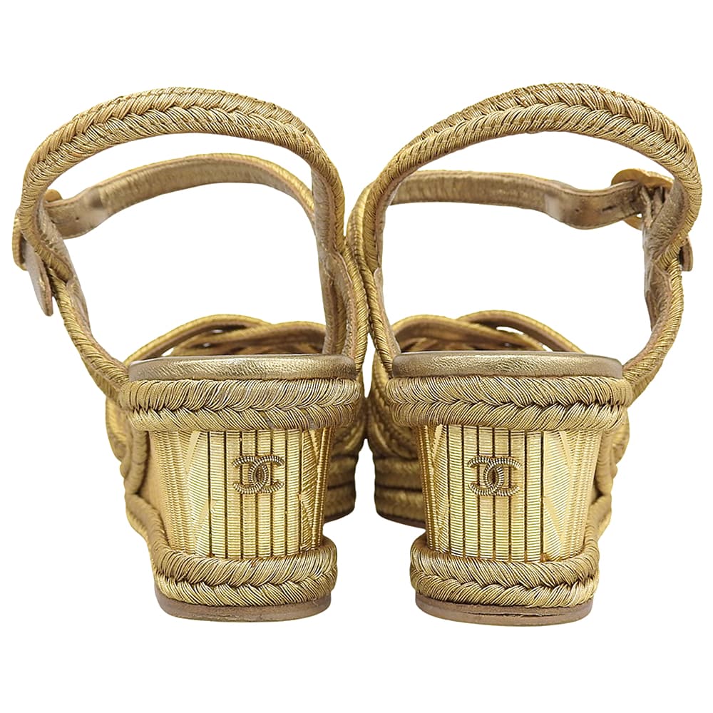 CHANEL Metal CC Logo Woven Wedge Heel Sandals Espadrilles Women's Gold 36C G28947 Shoes