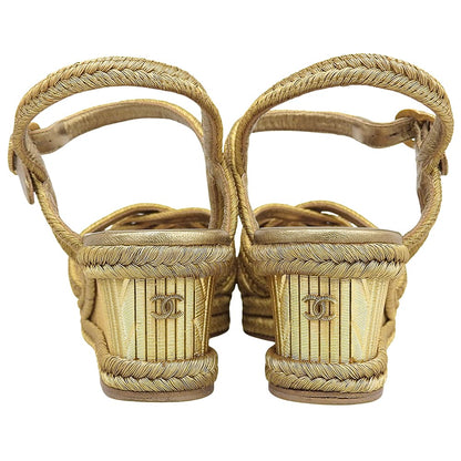 CHANEL Metal CC Logo Woven Wedge Heel Sandals Espadrilles Women's Gold 36C G28947 Shoes