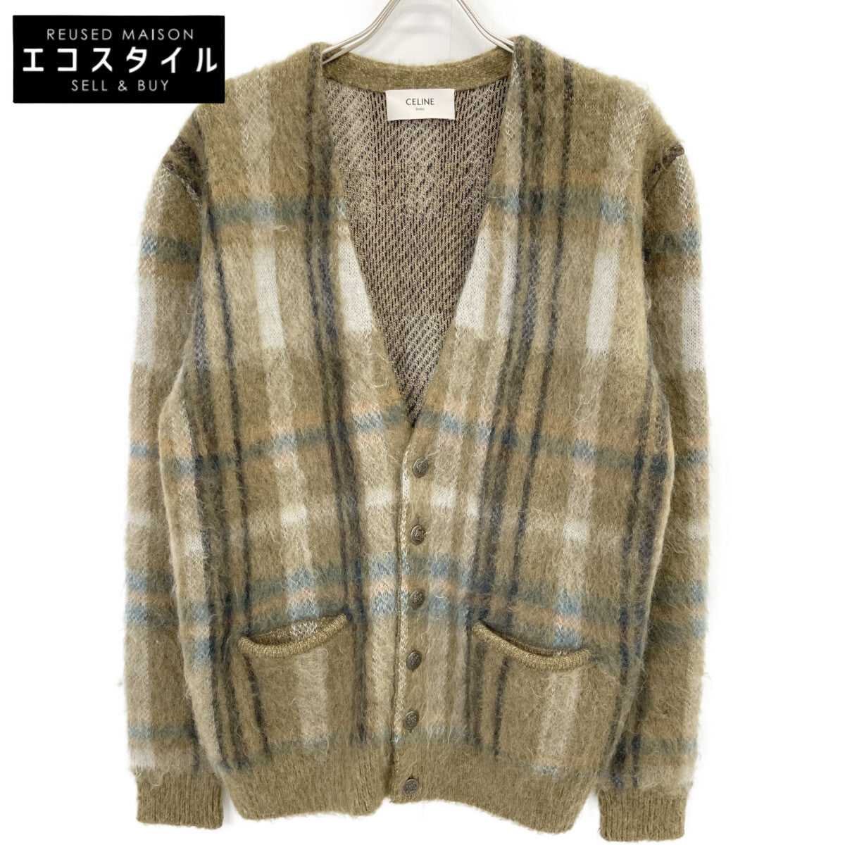 CELINE 思琳 20AW 2A32J204L 卡其色 马海毛混纺 格纹 开衫 上衣