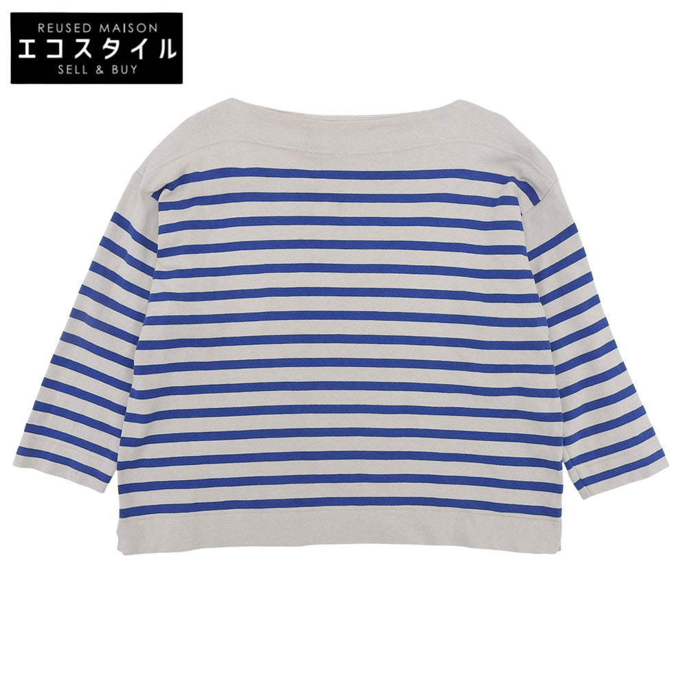 45R Knitsawn Basque Square Boat Neck Cotton Top Women's Beige x Blue 70280084 Top