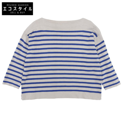 45R Knitsawn Basque Square Boat Neck Cotton Top Women's Beige x Blue 70280084 Top