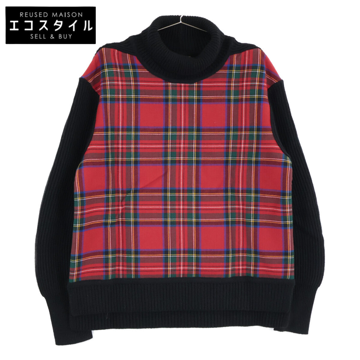 4068133 Black x Red Tartan Check Turtleneck Knit Top M Men's